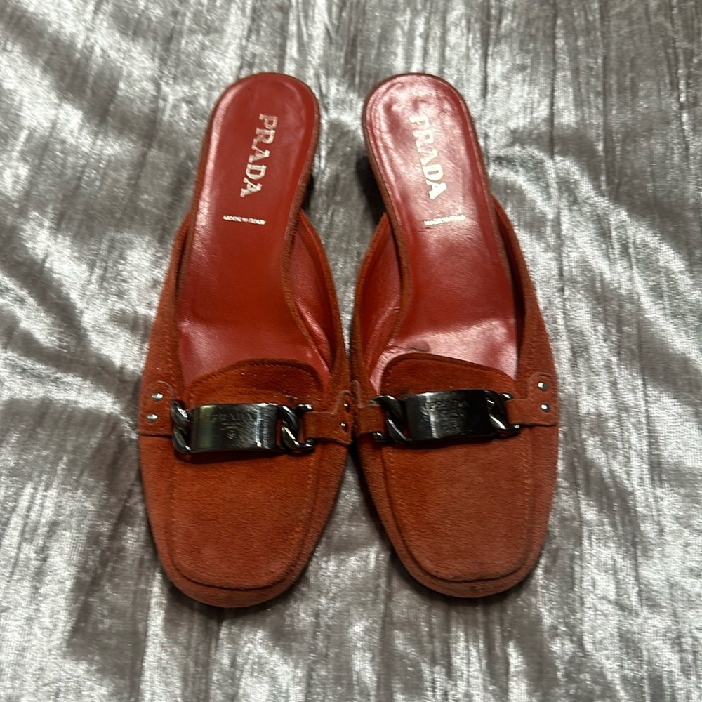 Prada orange suede mules